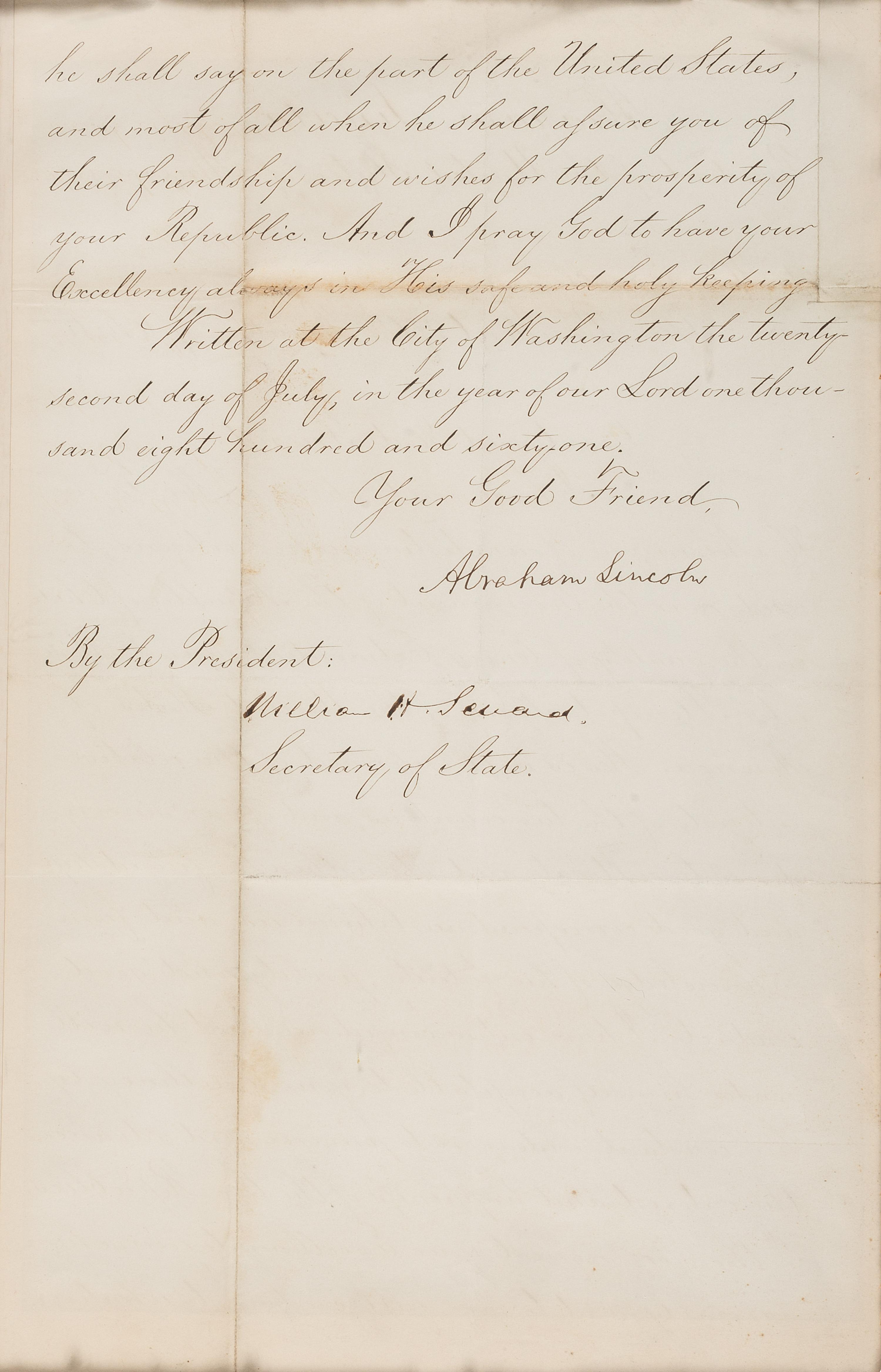 LINCOLN, Abraham (1809-1865) and William H. SEWARD (1801-1872). Document signed ("Abraham Lincoln"; "William H. Seward"), as President and Secretary of State, to the President of the Republic of Chile. Washington, D.C., 33 July 1861.
