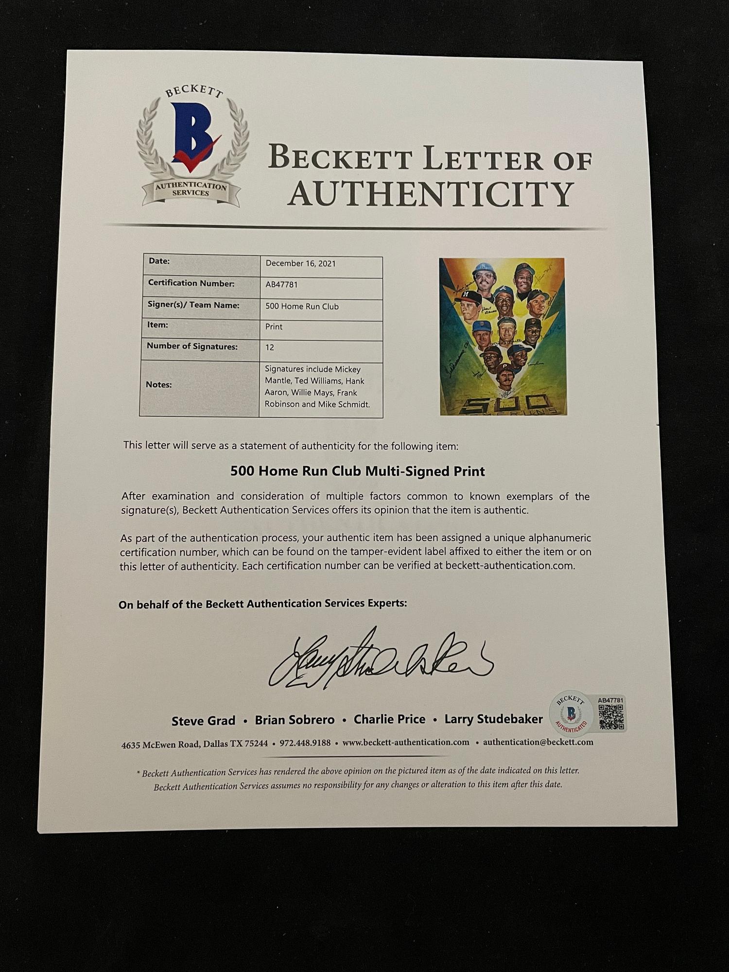 A 500 Home Run Club Signed Autograph Ron Lewis Print (Beckett Authentication Services Letter BAS Certified)