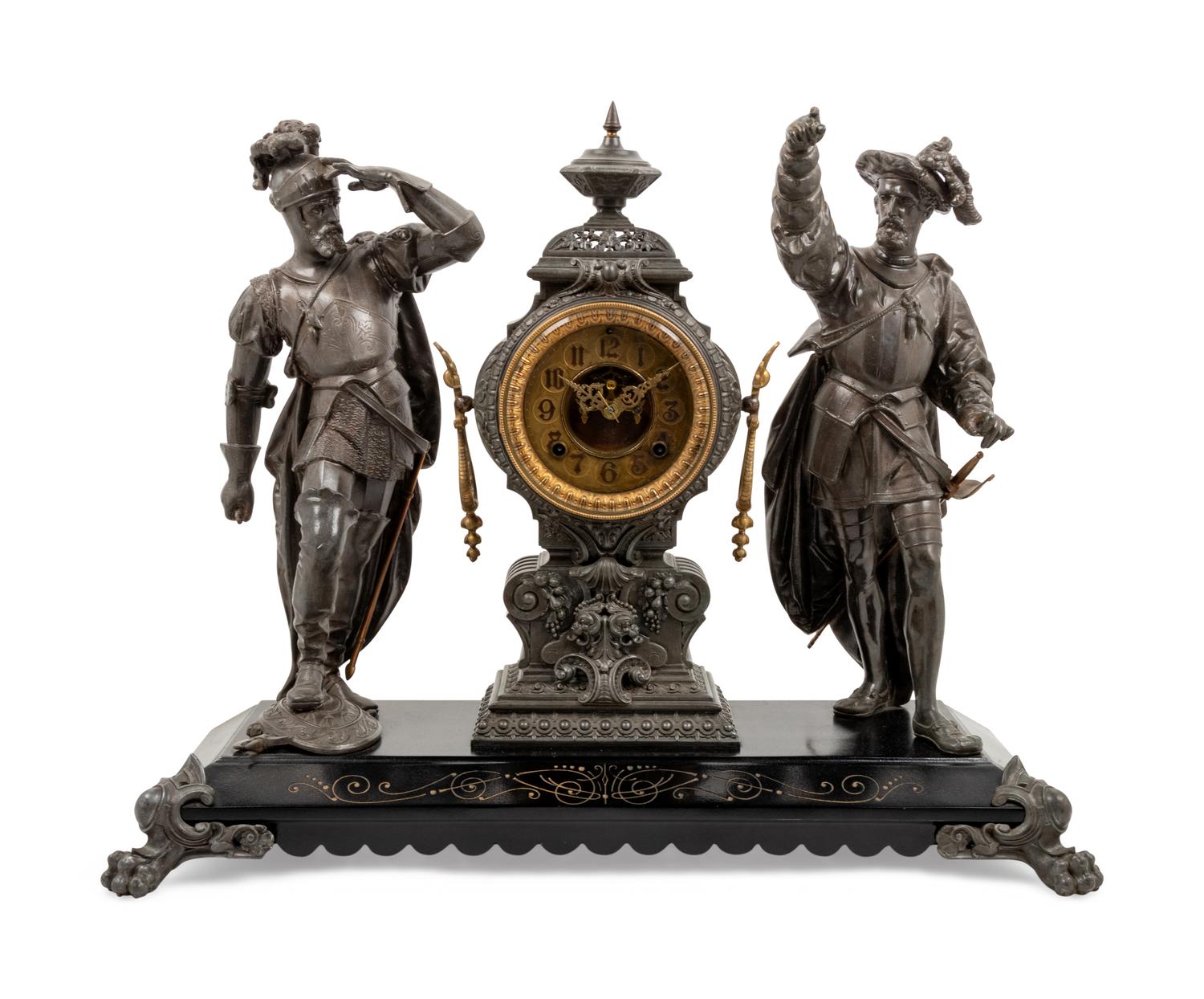 An Ansonia Pizarro & Cortez Silvered Metal Mantel Clock