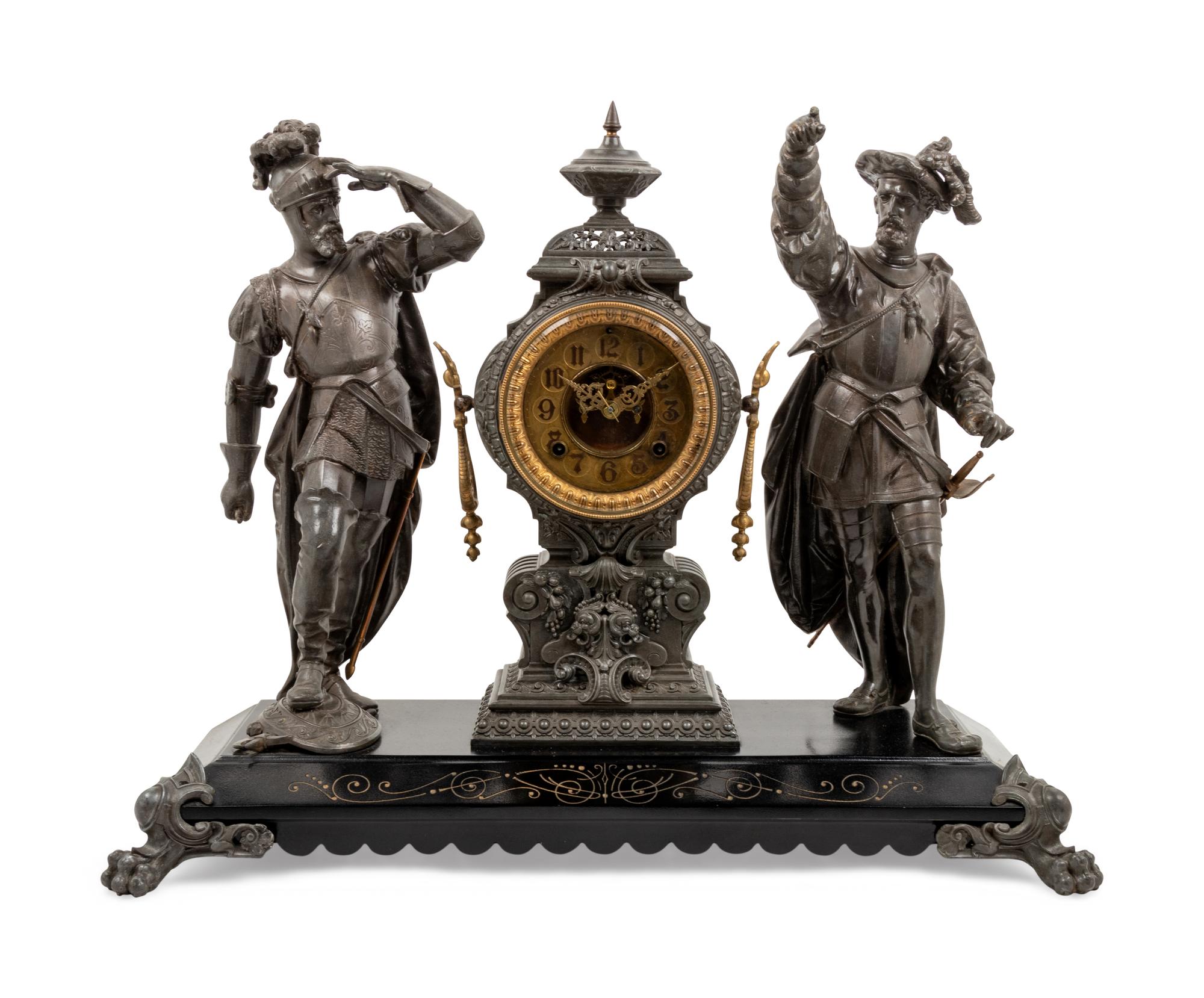 An Ansonia Pizarro & Cortez Silvered Metal Mantel Clock