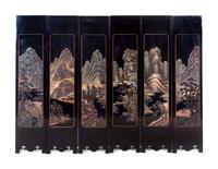 A Chinese Jade and Hardstone Inset Lacquered Six-Fold Floor Screen