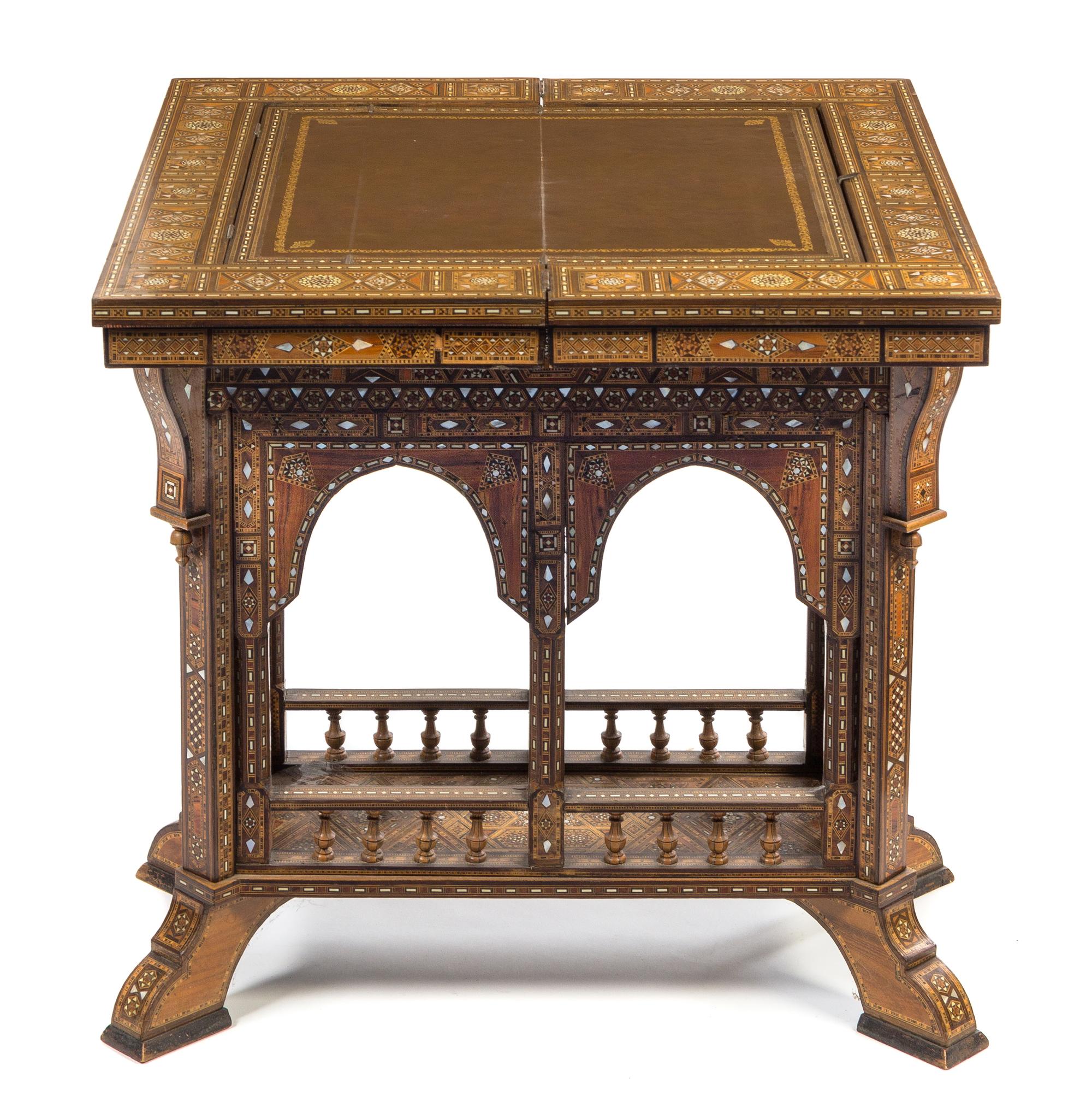 A Syrian Mother-of-Pearl Inlaid Flip-Top Table Height 29 1/2 x width 26 x depth 13 1/4 inches. — LATE 19TH/EARLY 20TH CENTURY