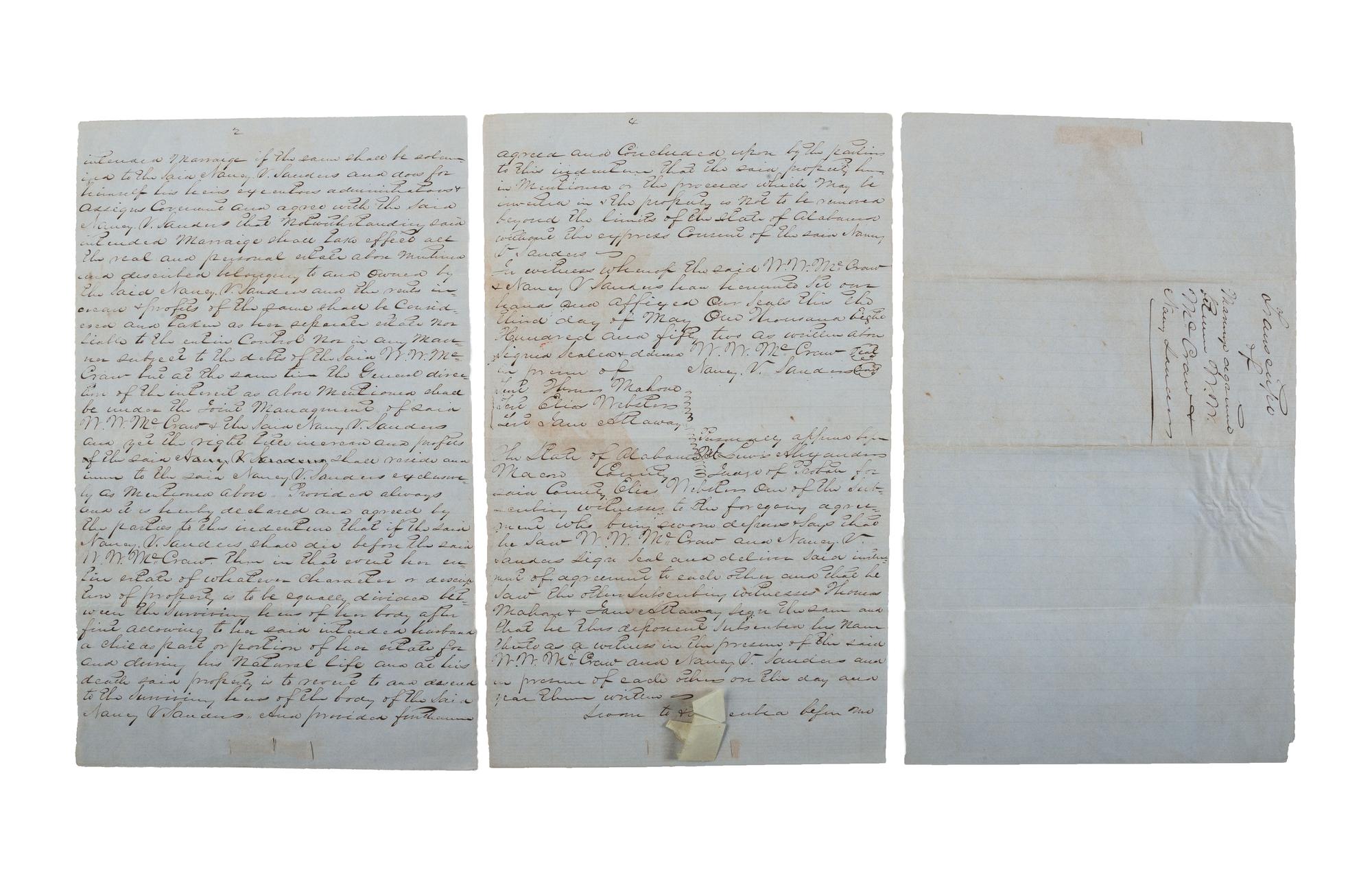 [SLAVERY & ABOLITION]. Manuscript marriage indenture describing the division of enslaved. Macon County, Alabama, 3 May 1852.