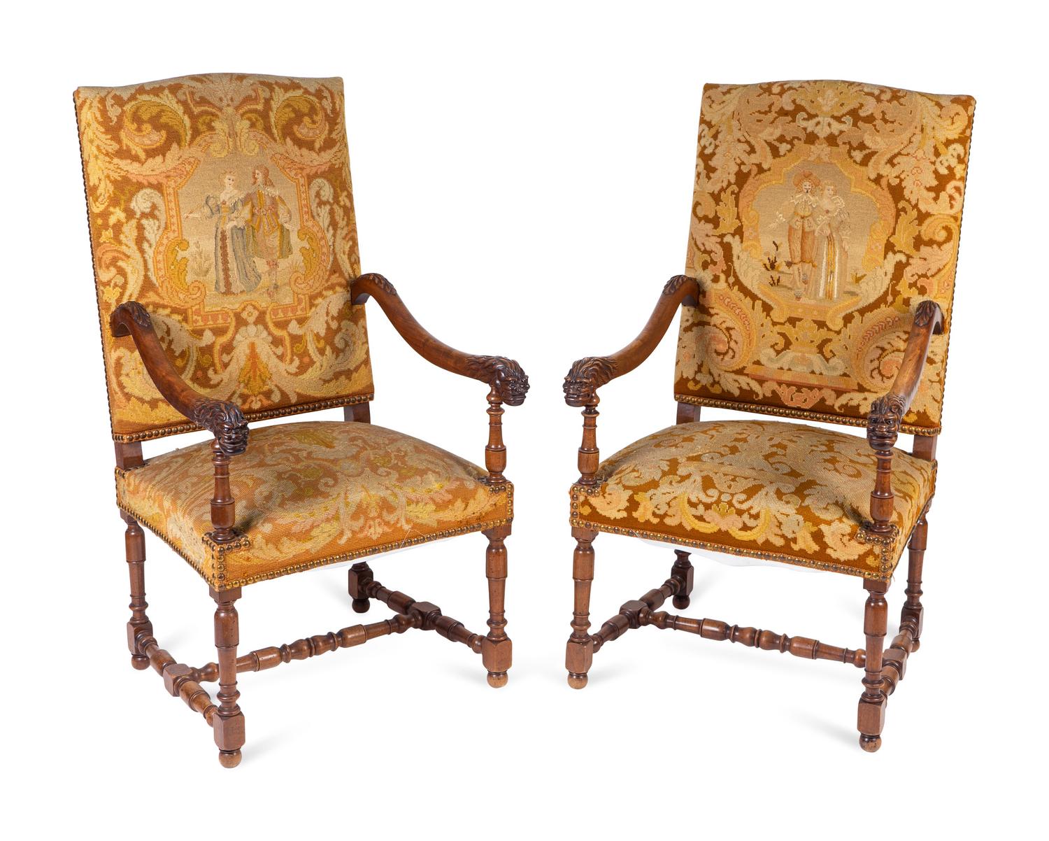 A Pair of Louis XIII Style Carved Walnut Needlepoint Upholstered Chairs — 19TH/20TH CENTURY