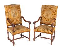A Pair of Louis XIII Style Carved Walnut Needlepoint Upholstered Chairs — 19TH/20TH CENTURY