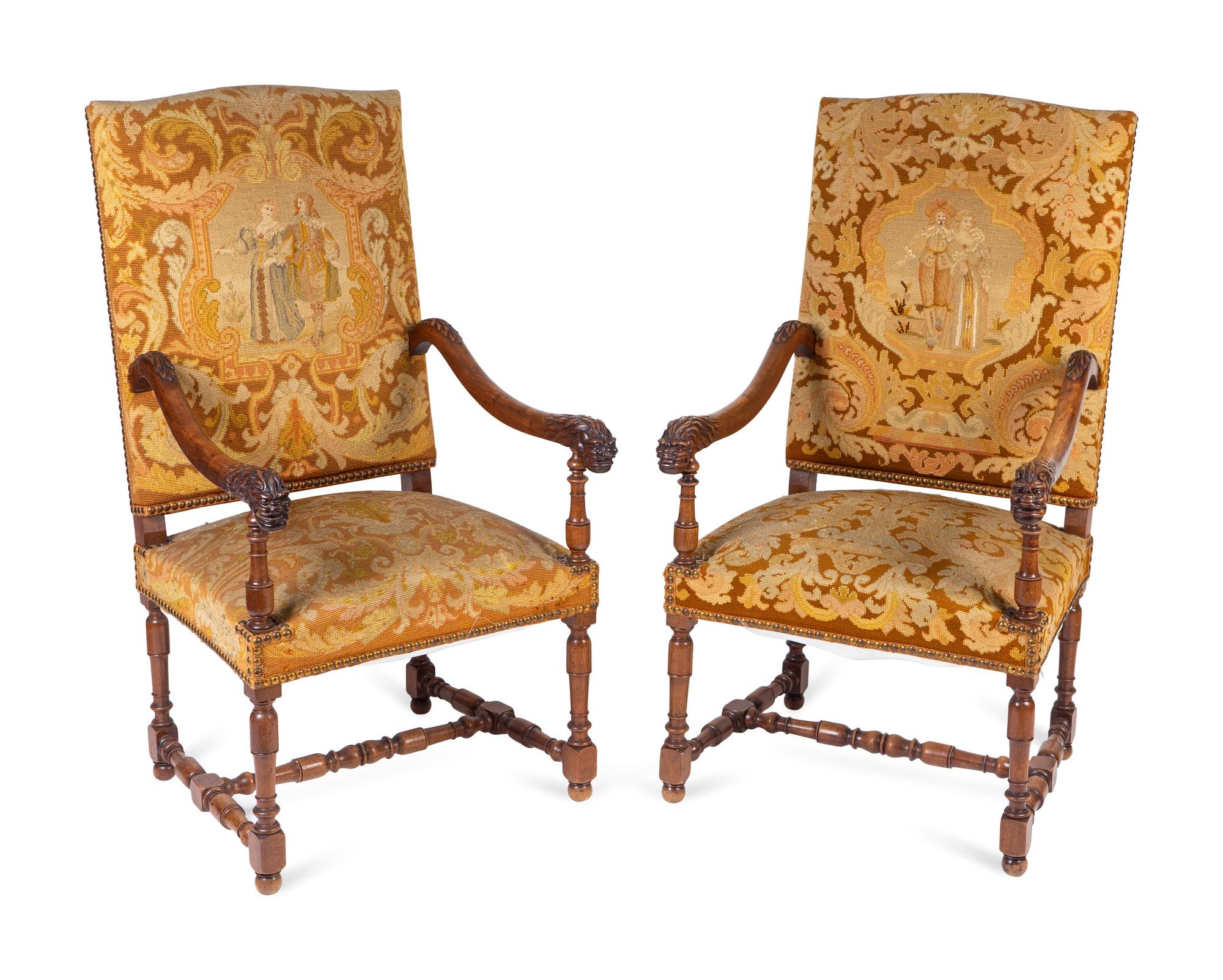 A Pair of Louis XIII Style Carved Walnut Needlepoint Upholstered Chairs — 19TH/20TH CENTURY