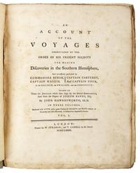 [COOK, James (1728-1779)]. -- [FIRST VOYAGE]. John HAWKESWORTH (1715-1773). An Account of the Voyages undertaken by the order of His Present Majesty for making Discoveries in the Southern Hemisphere, and successively performed by Commodore Byron, Captain Wallis, Captain Carteret and Captain Cook, in the Dolphin, the Swallow, and the Endeavour; drawn up From the Journals which were kept by several Commanders, And from the papers of Joseph Banks, By John Hawkesworth . London: W. Strahan and T. Cadell, 1773.