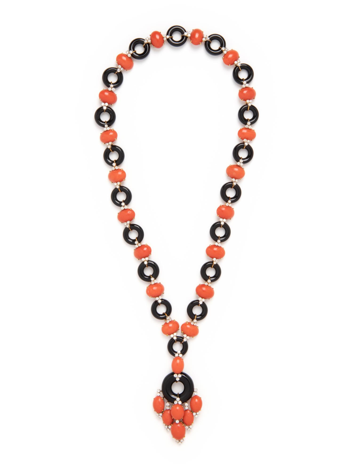 CORAL, ONYX AND DIAMOND NECKLACE