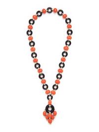 CORAL, ONYX AND DIAMOND NECKLACE