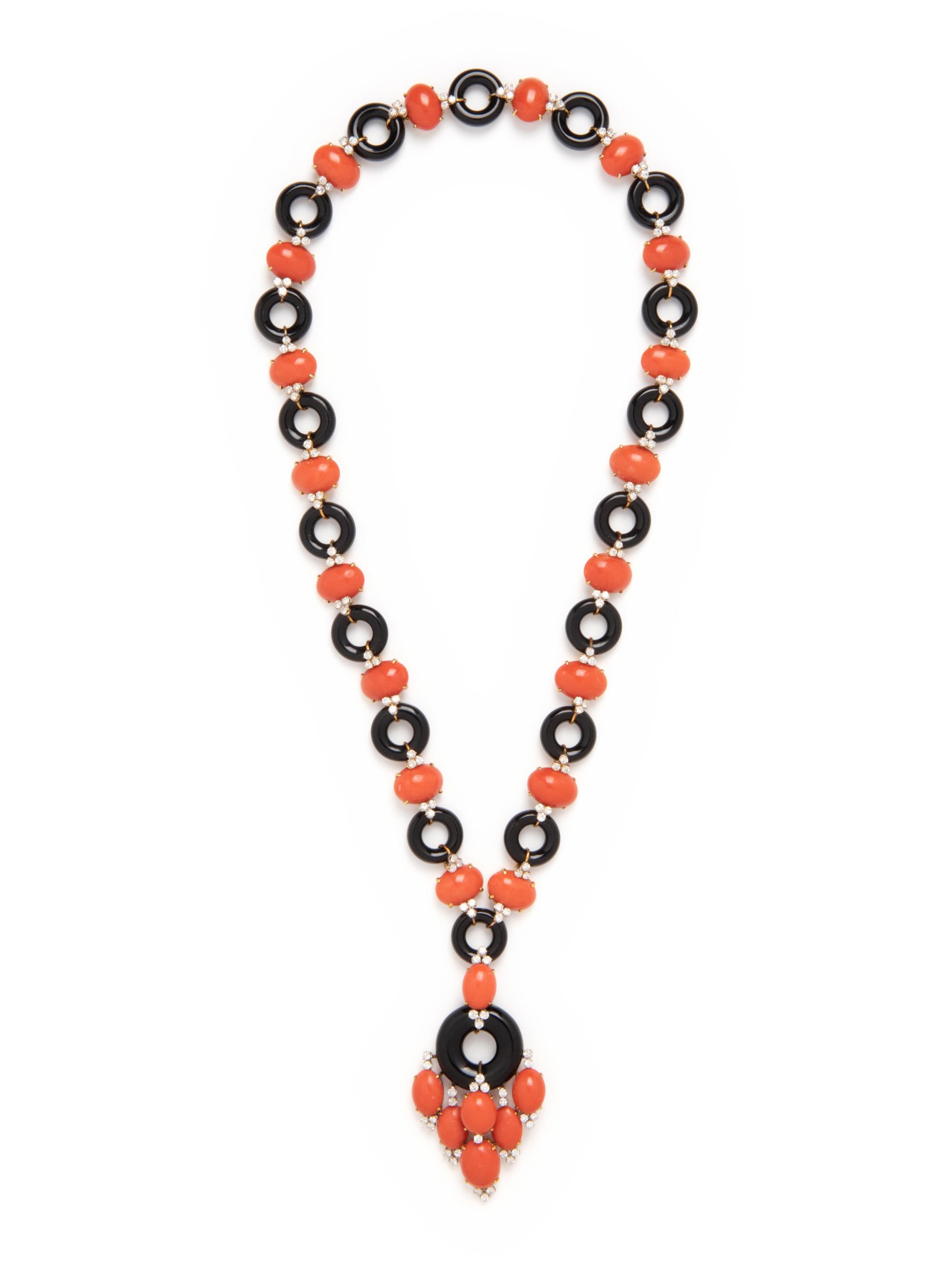 CORAL, ONYX AND DIAMOND NECKLACE