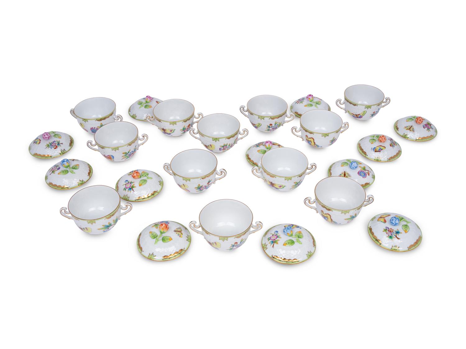 A Set of Twelve Herend Queen Victoria Porcelain Covered Bowls and a Tray