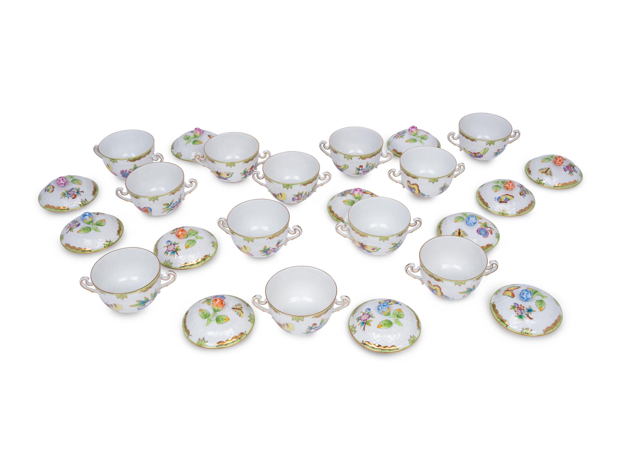 A Set of Twelve Herend Queen Victoria Porcelain Covered Bowls and a Tray