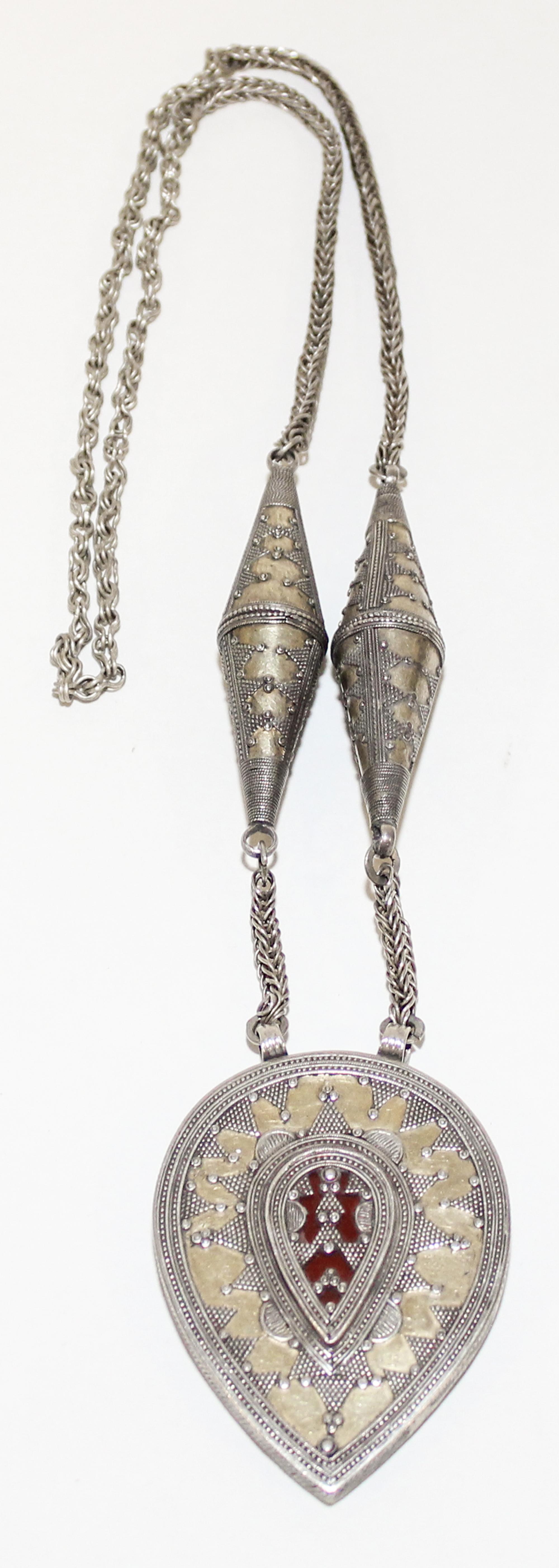 A Kazakh Silver, Mixed Metal and Glass Inlay Necklace Length of chain 17 3/4 inches.