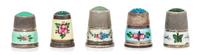 A Collection of Five Continental Silver and Enamel Thimbles, Various Makers, each having a hardstone or glass top and a knurled body ab