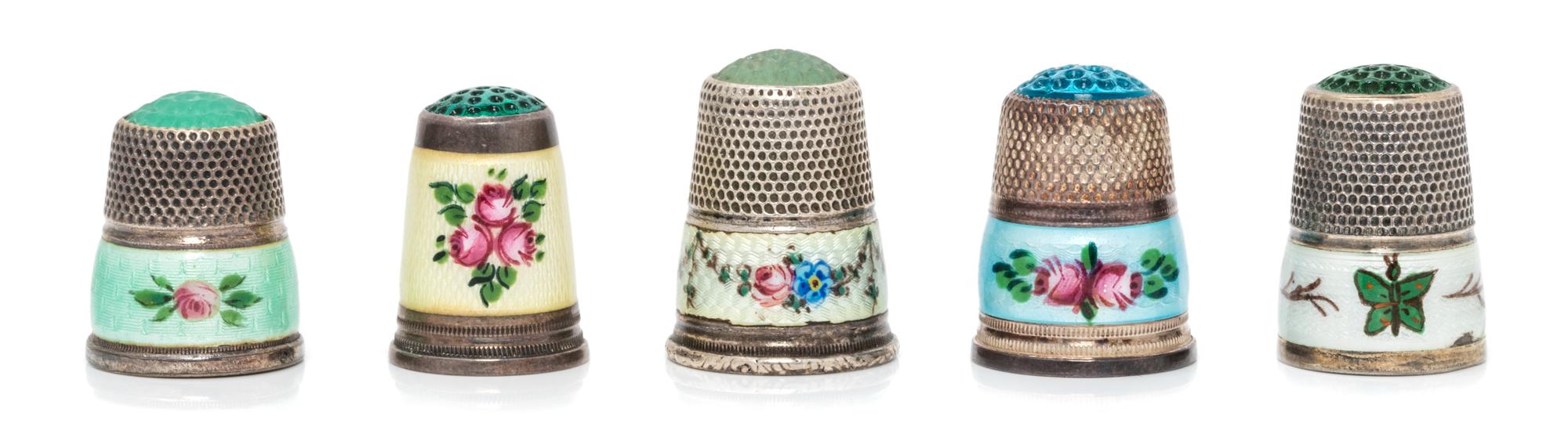 A Collection of Five Continental Silver and Enamel Thimbles, Various Makers, each having a hardstone or glass top and a knurled body ab
