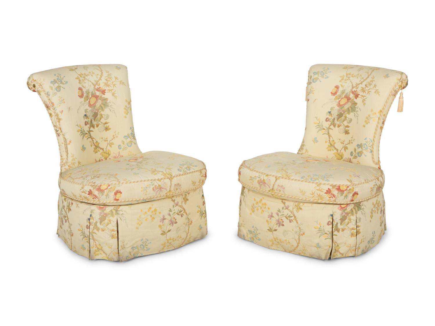 A Pair of Slipper Chairs with Scalamandré Meissen Magnolia Silk Lampas Pattern Upholstery