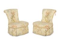 A Pair of Slipper Chairs with Scalamandré Meissen Magnolia Silk Lampas Pattern Upholstery