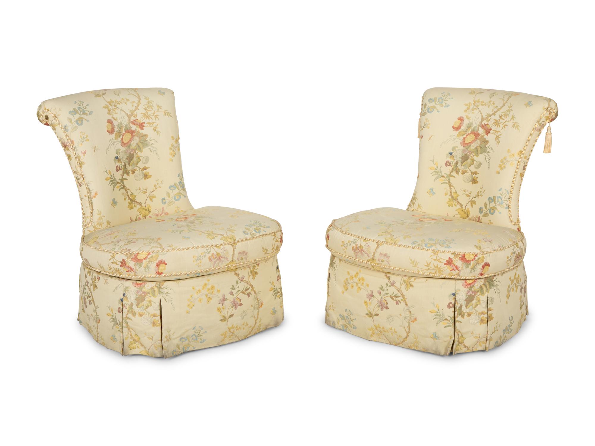 A Pair of Slipper Chairs with Scalamandré Meissen Magnolia Silk Lampas Pattern Upholstery