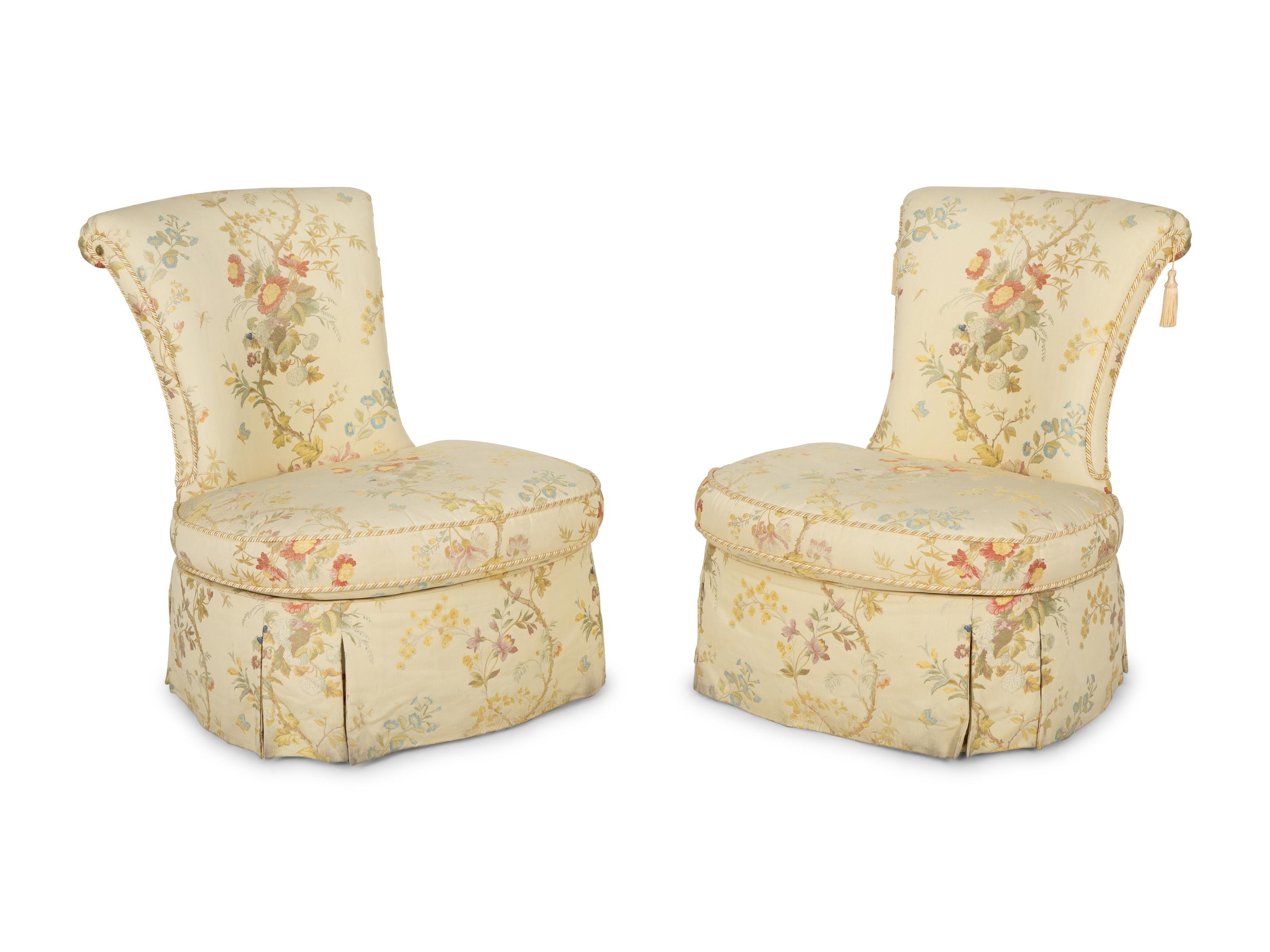 A Pair of Slipper Chairs with Scalamandré Meissen Magnolia Silk Lampas Pattern Upholstery