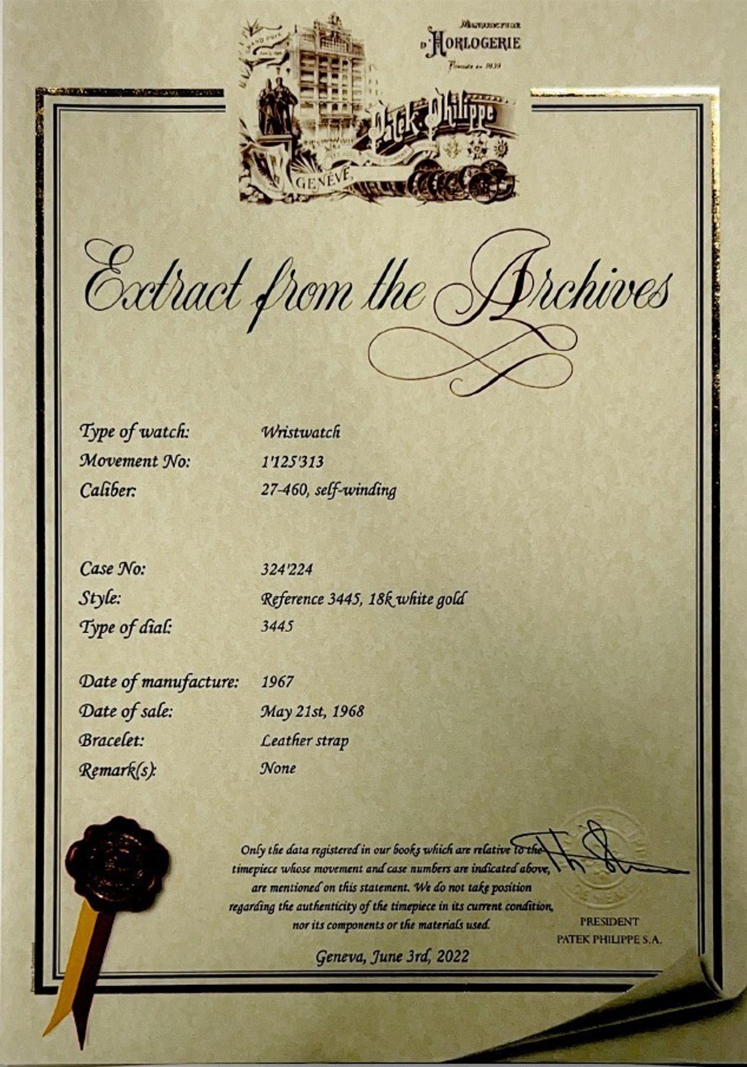 PATEK PHILIPPE, REF. 3445G 18K WHITE GOLD WATCH WITH EXTRACT FROM THE ARCHIVES