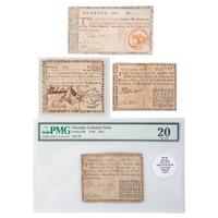 [COLONIAL CURRENCY - GEORGIA]. A group of 4 notes, incl. Half Dollar, Quarter Dollar, Seven Dollars, and Four Spanish Milled Dollars, dating from 1776-1777.