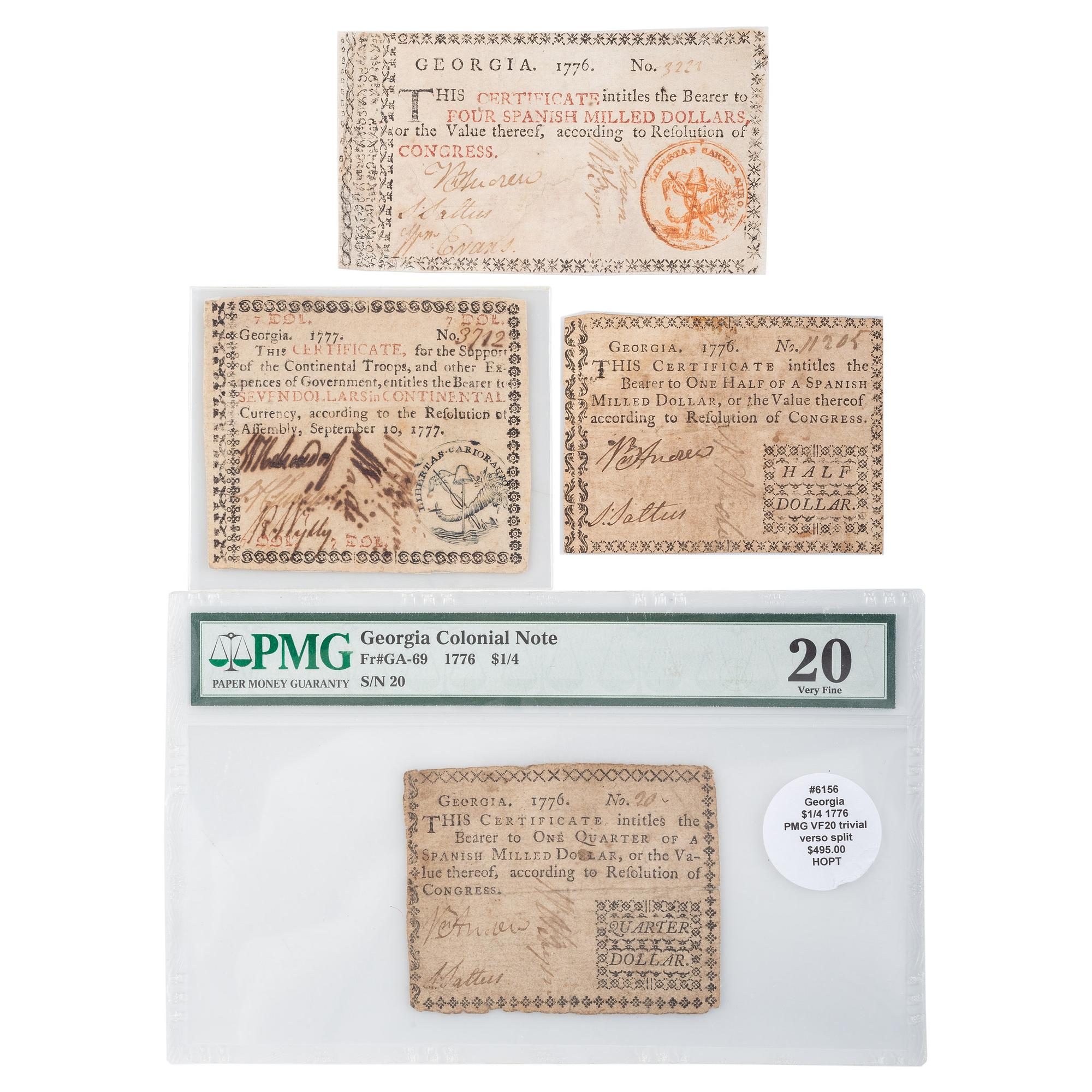 [COLONIAL CURRENCY - GEORGIA]. A group of 4 notes, incl. Half Dollar, Quarter Dollar, Seven Dollars, and Four Spanish Milled Dollars, dating from 1776-1777.