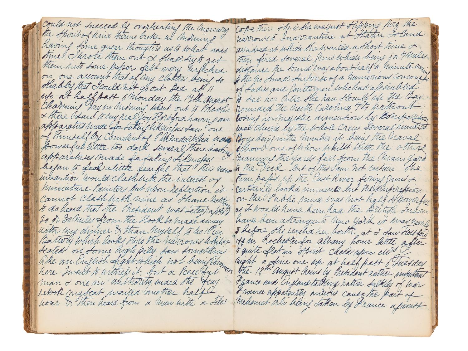 [EARLY PHOTOGRAPHY]. Manuscript diary of an itinerant portraiture artist, phrenology enthusiast, and daguerreotype experimentalist, documenting his daily endeavors in New York City and Albany. 1840.