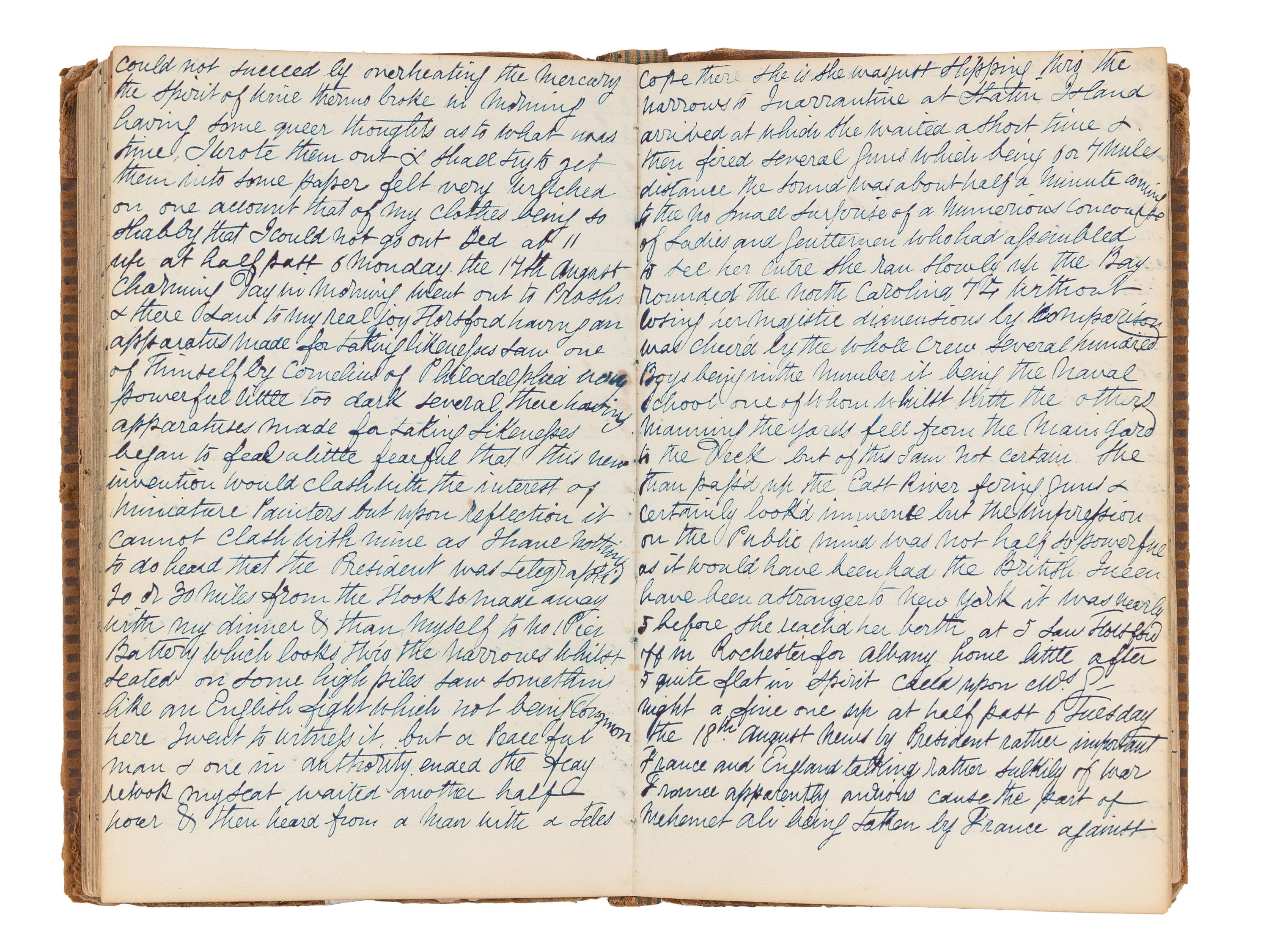 [EARLY PHOTOGRAPHY]. Manuscript diary of an itinerant portraiture artist, phrenology enthusiast, and daguerreotype experimentalist, documenting his daily endeavors in New York City and Albany. 1840.