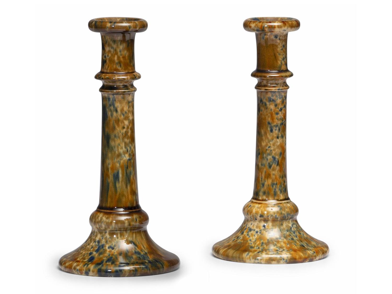 Two Flint Enamel Glaze Candlesticks