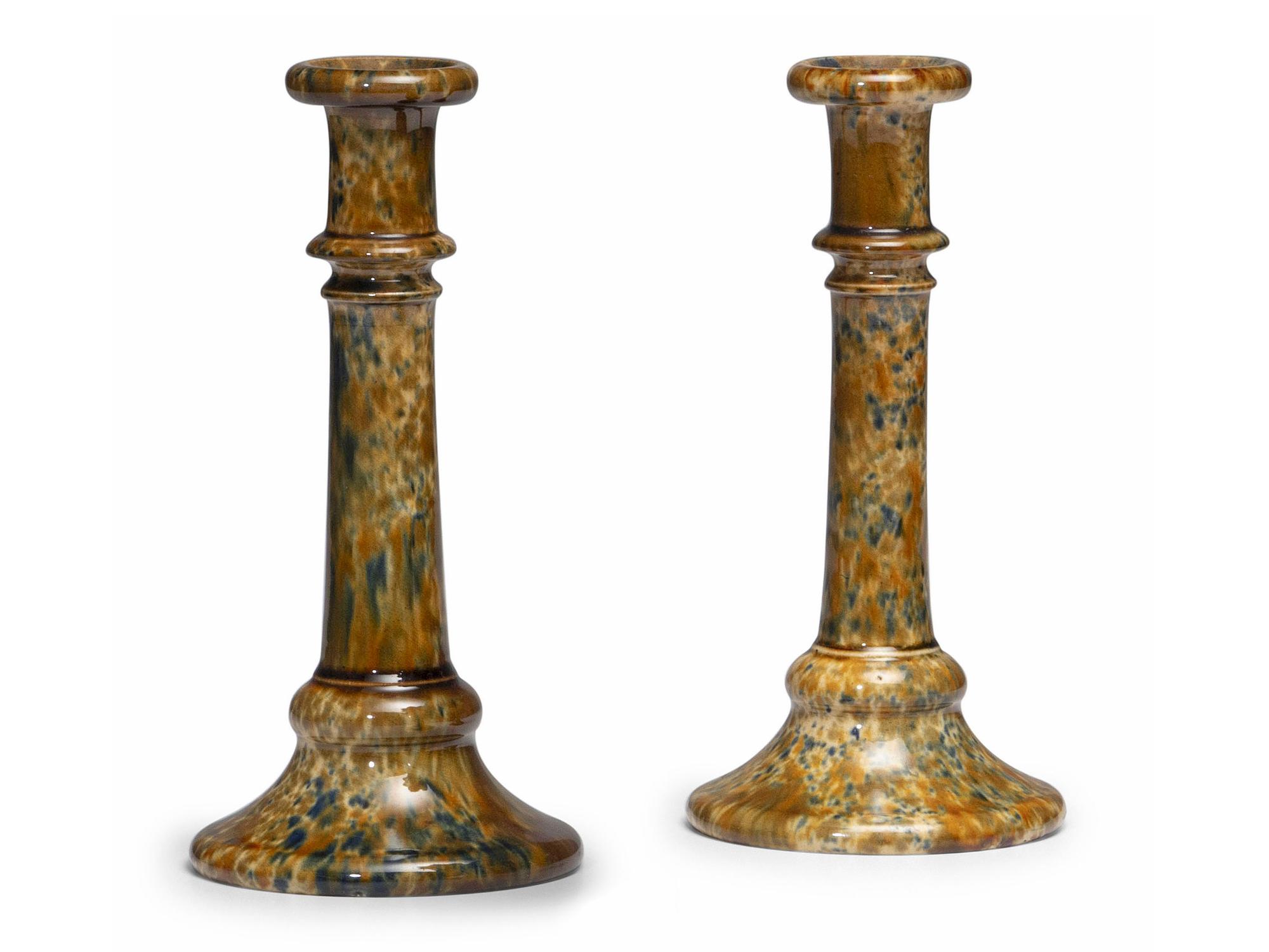 Two Flint Enamel Glaze Candlesticks