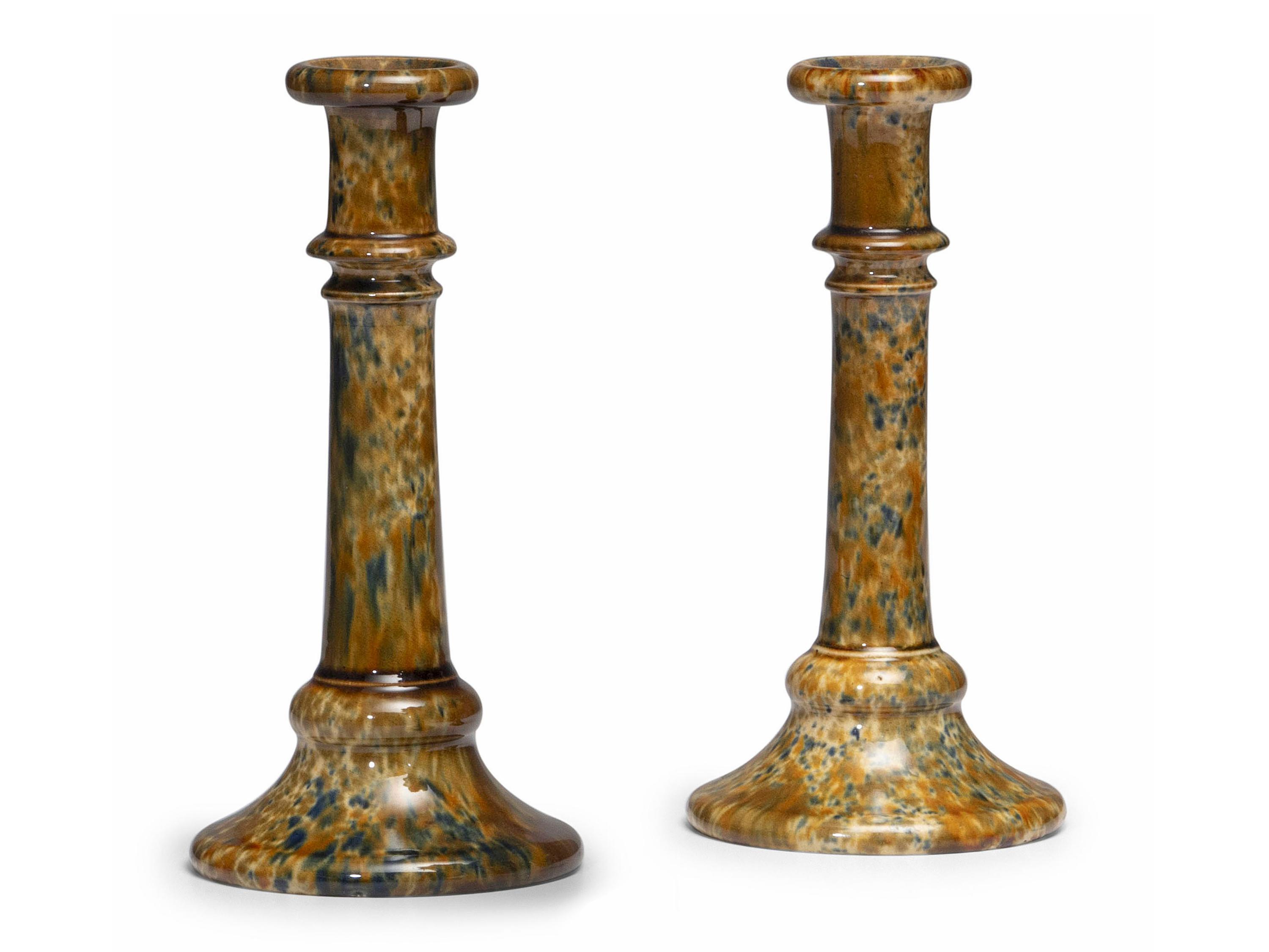 Two Flint Enamel Glaze Candlesticks
