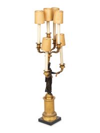 An Empire Style Gilt and Patinated Bronze Figural Six-Light Candelabrum Mounted as a Lamp