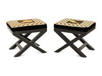 A Pair of Ebonized X-Form Tabourets with Needlework Upholstery