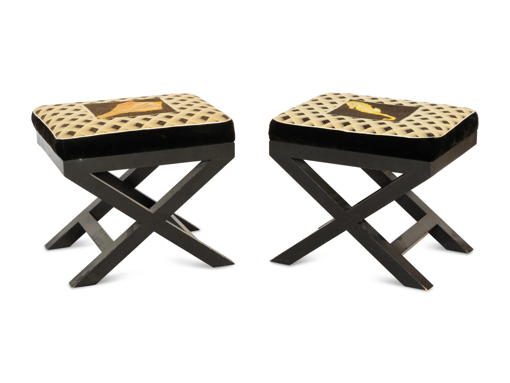 A Pair of Ebonized X-Form Tabourets with Needlework Upholstery