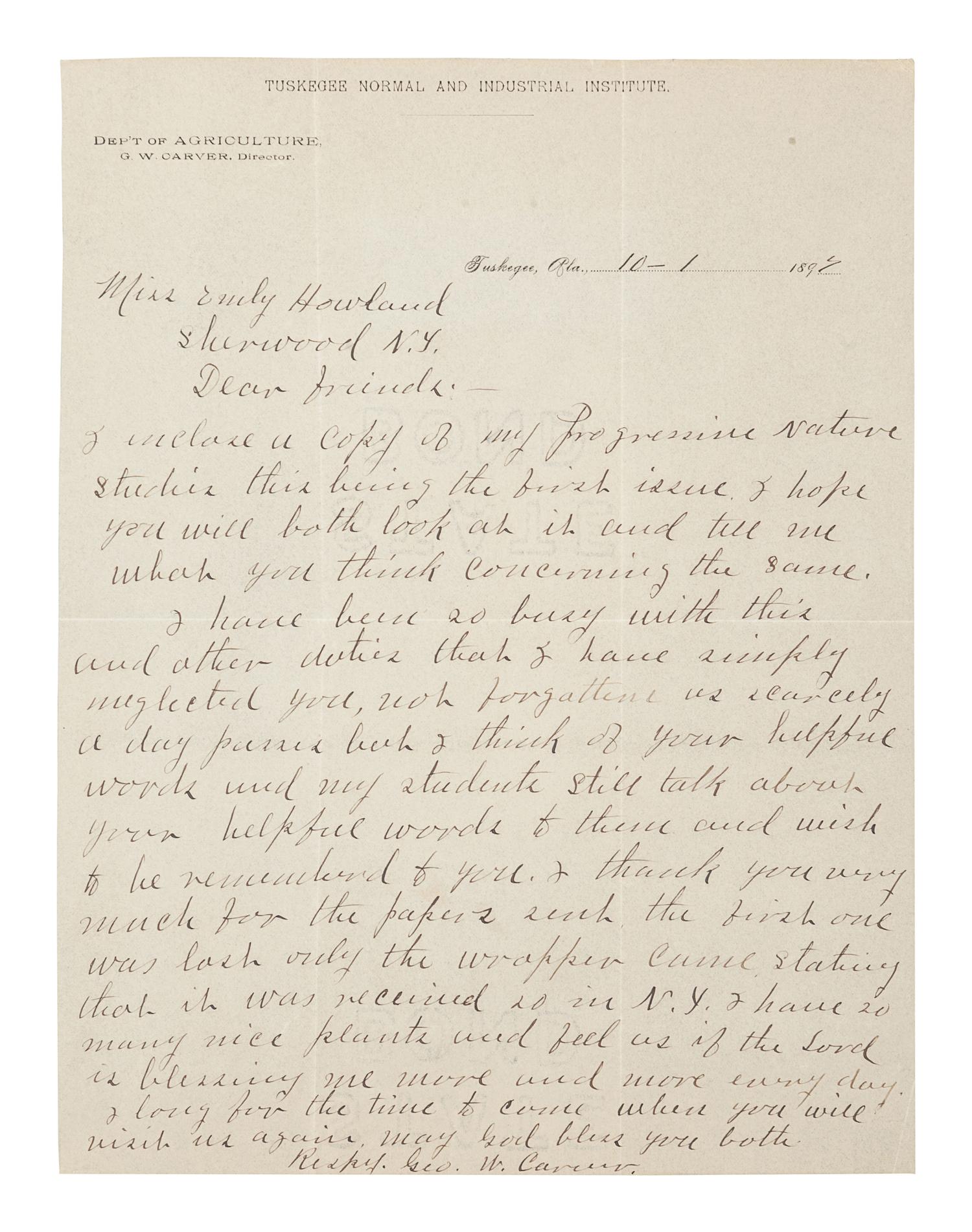 CARVER, George Washington (1860s-1943). Autograph letter signed (“Geo. W. Carver”), as Director of the Department of Agriculture at Tuskegee Institute, to Emily Howland. Tuskegee, AL, 1 October 1897. 1 page, 8vo, on Tuskegee Normal and Industrial Institute Department of Agriculture letterhead, with envelope, light creasing.