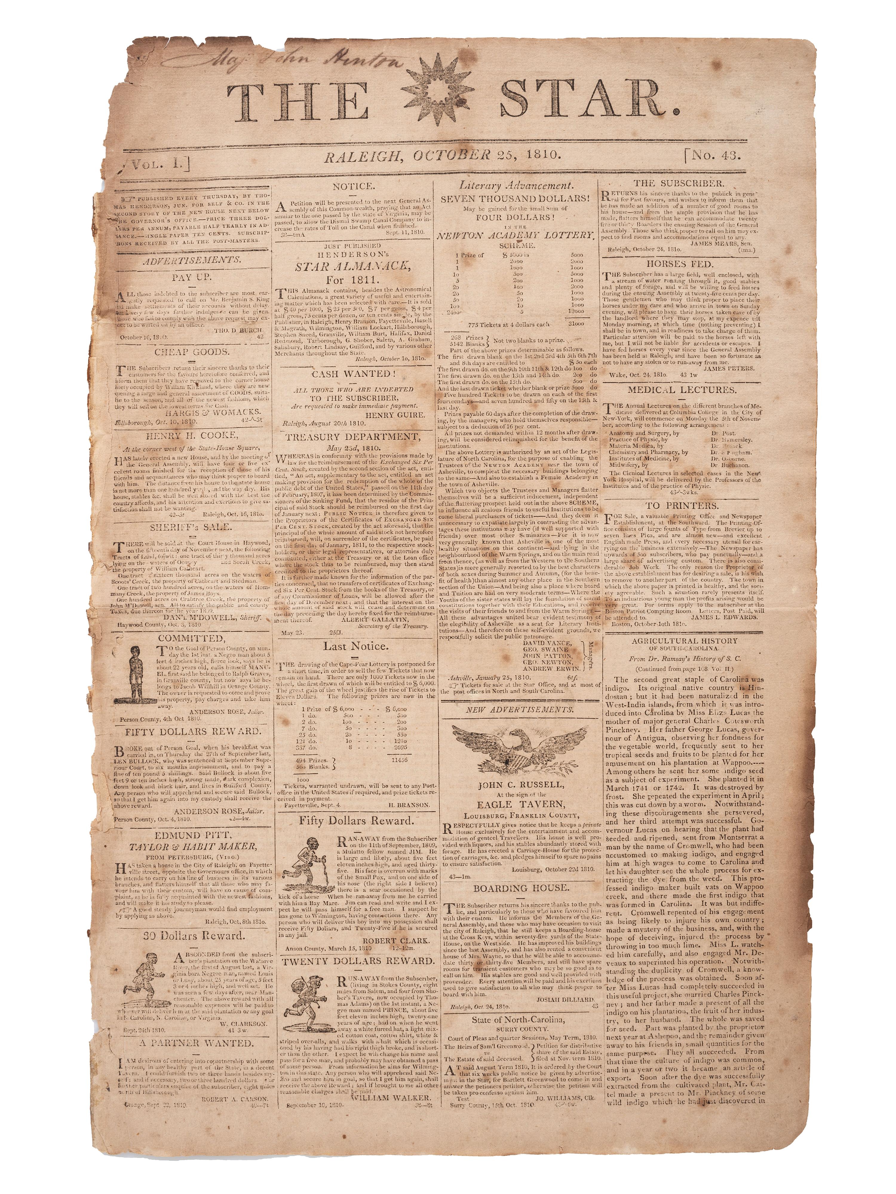 [SLAVERY & ABOLITION]. The Star . Vol. I, No. 43. Raleigh, NC: Thomas Henderson, 25 October 1810.