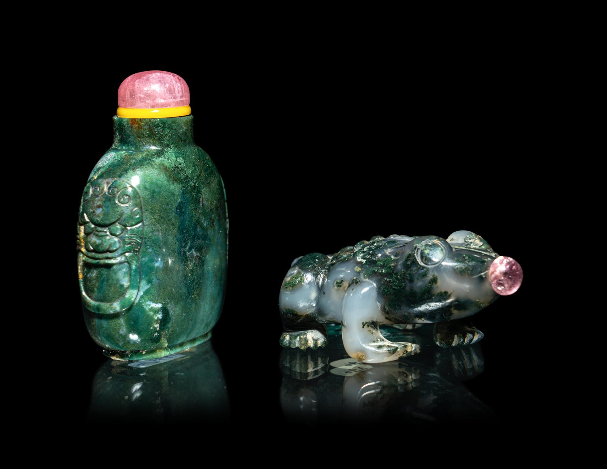 Two Chinese Moss Agate Snuff Bottles