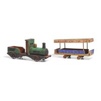 A Painted Wood and Iron "Great Western" Train Engine and a Painted and Wallpaper-Covered Wood Train Car