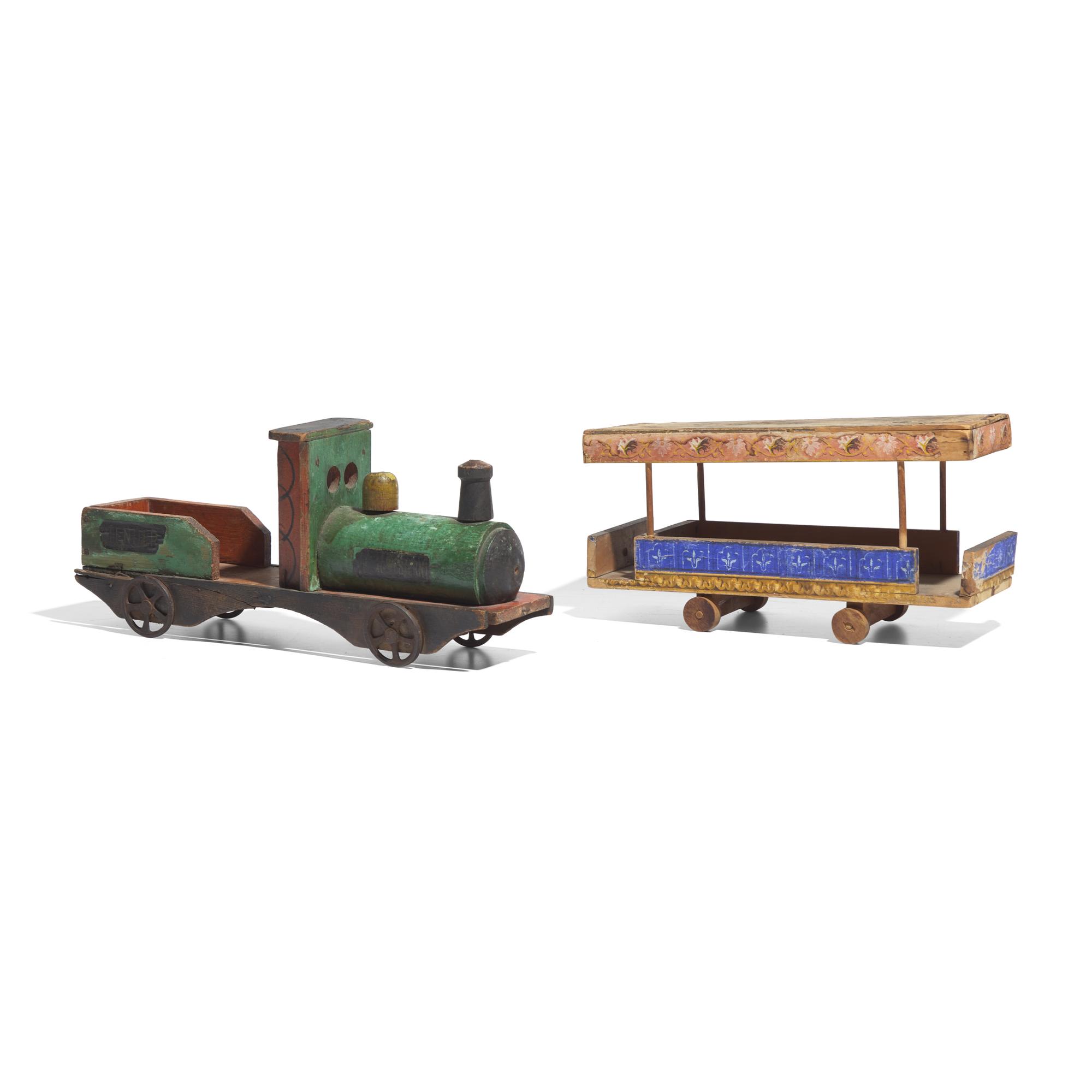 A Painted Wood and Iron "Great Western" Train Engine and a Painted and Wallpaper-Covered Wood Train Car