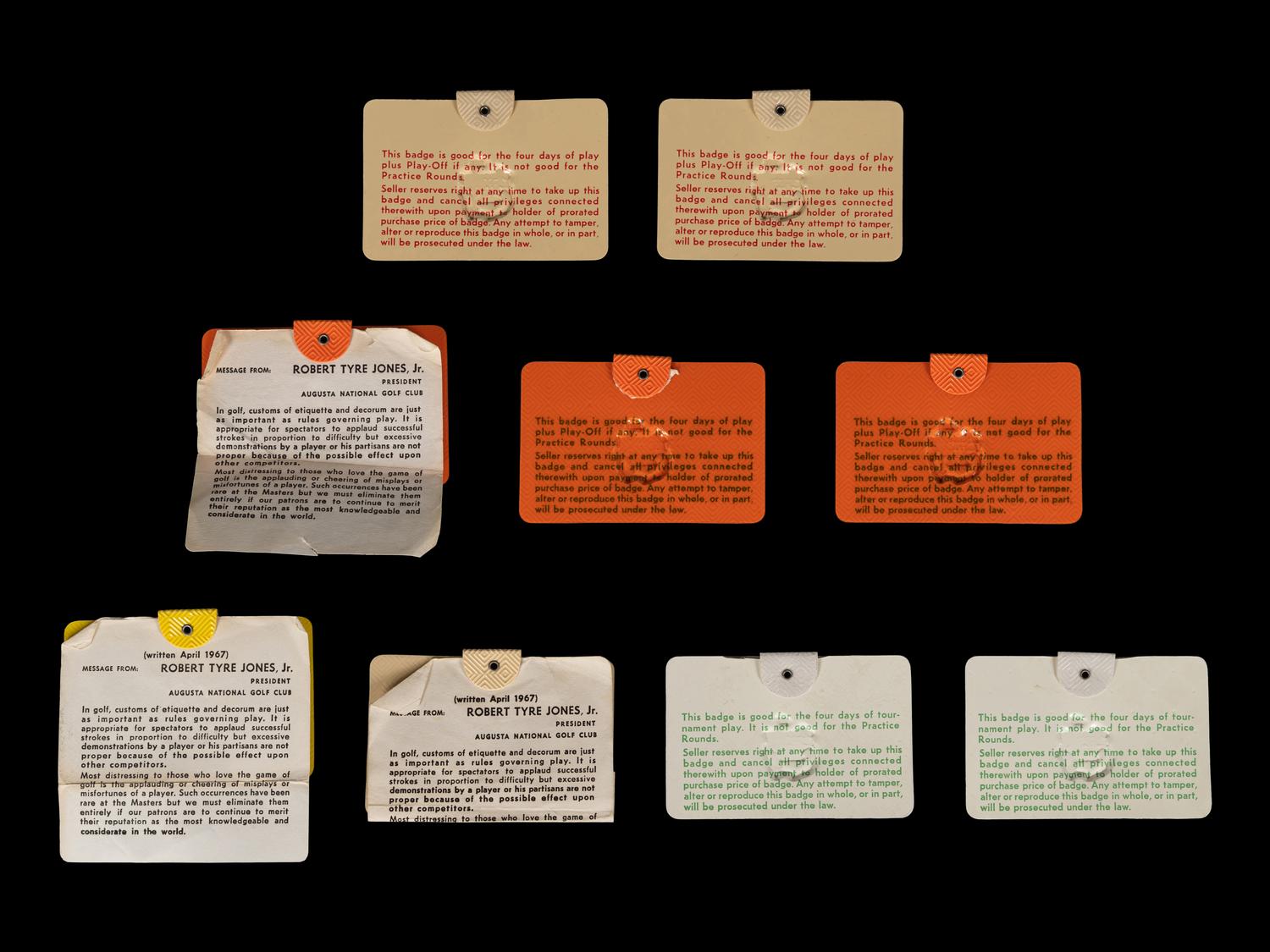A Group of Nine 1970s Masters Golf Tournament Augusta National Badges,