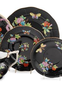A Herend Queen Victoria Black Porcelain Dinner Service