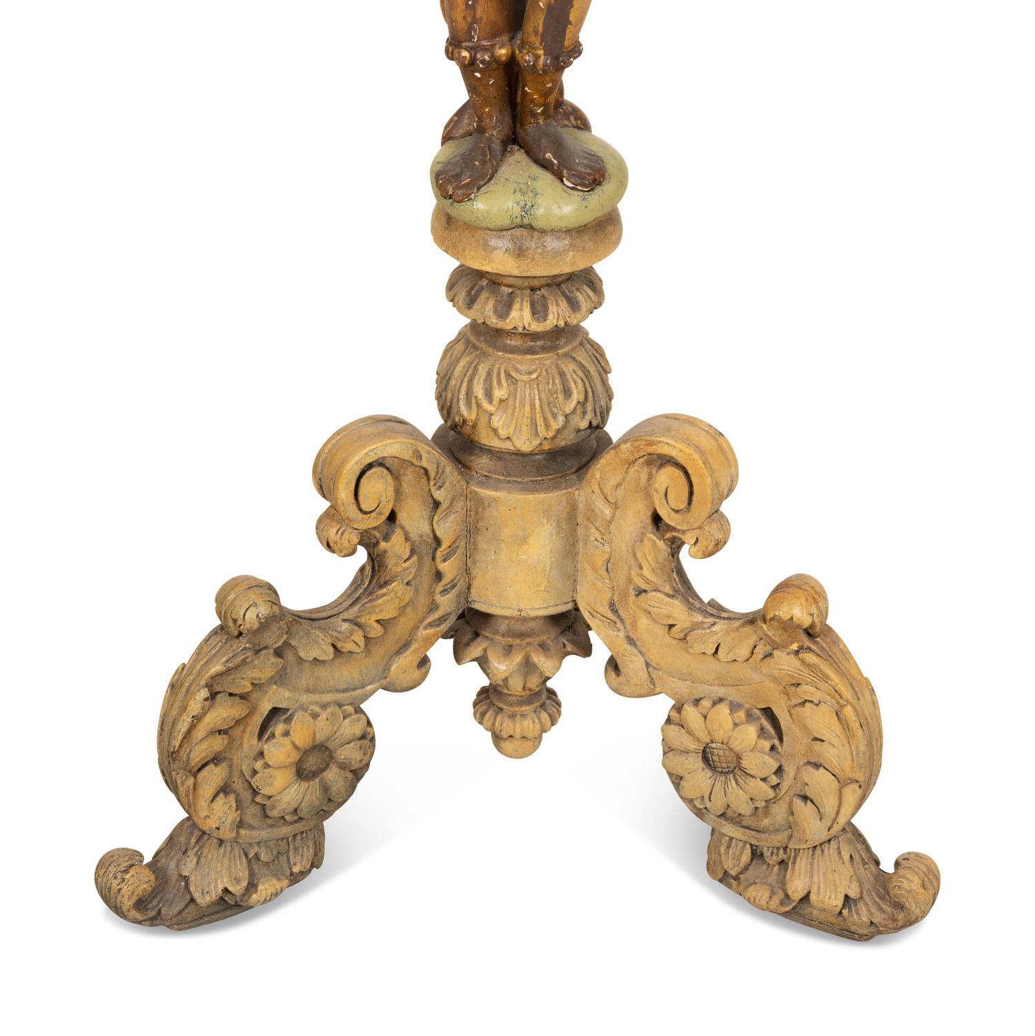 An Italian Painted and Parcel Gilt Figural Pedestal Table