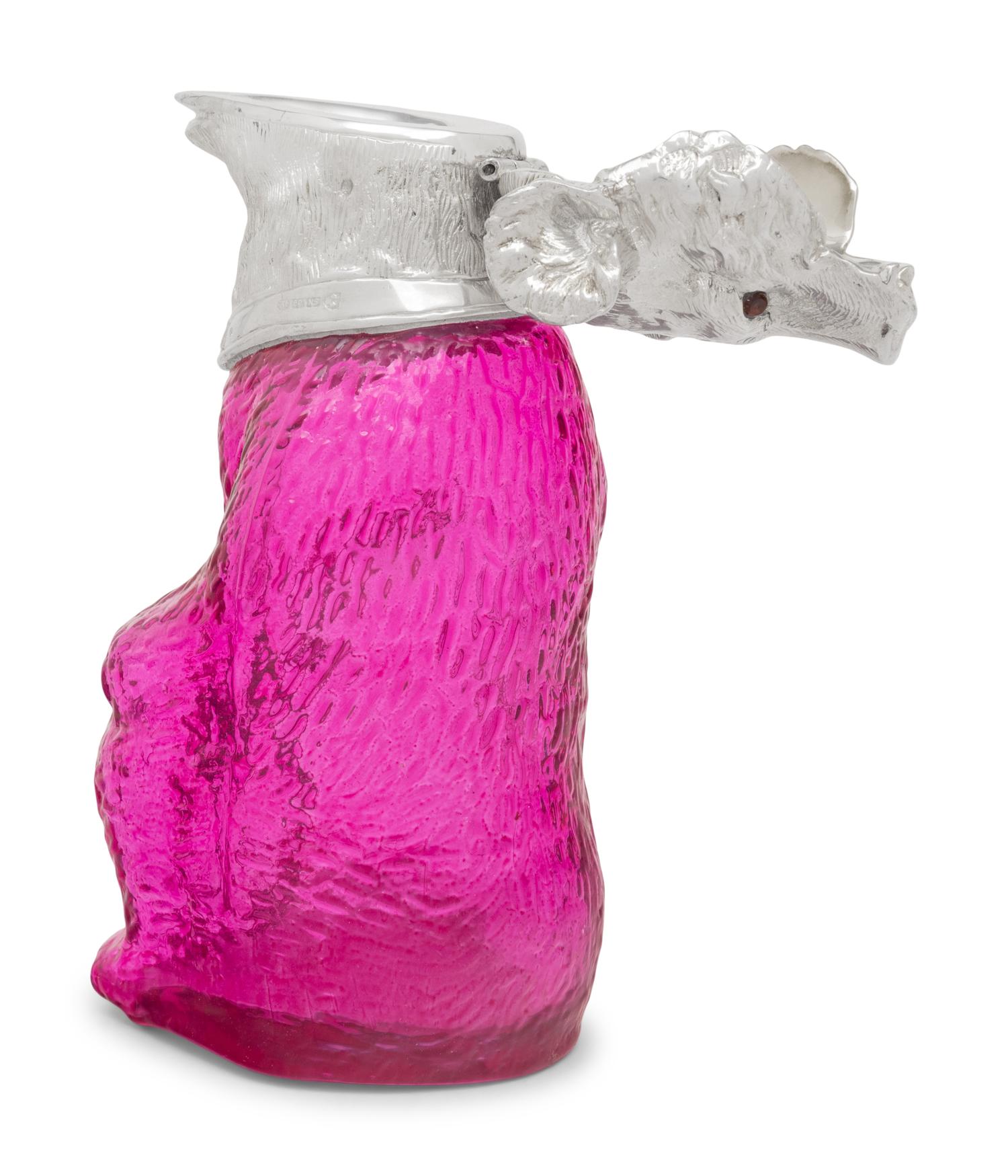 A Silver-Plate and Pink Glass Bear Decanter