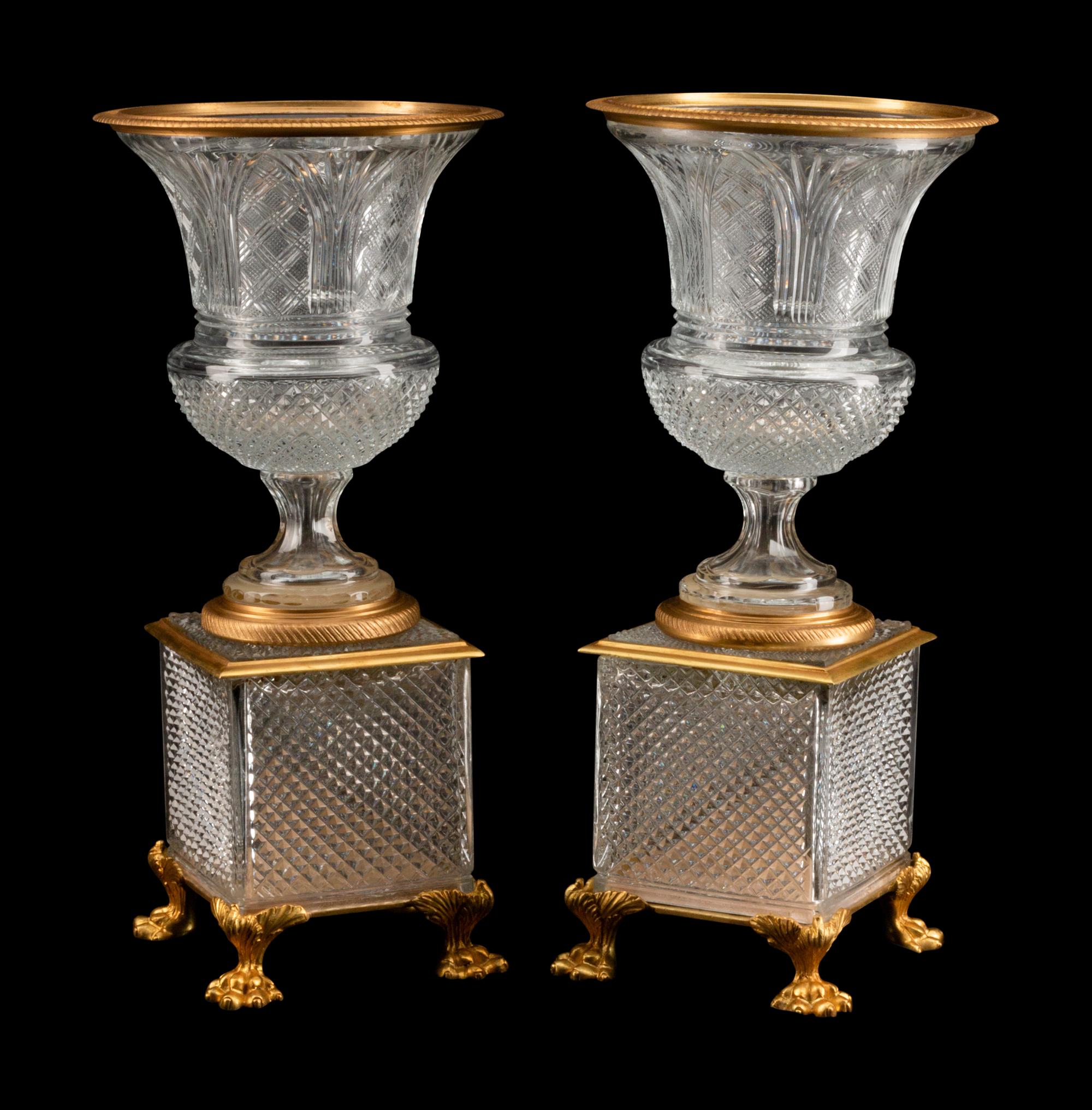 A Pair of Gilt-Bronze-Mounted Cut Glass Urns