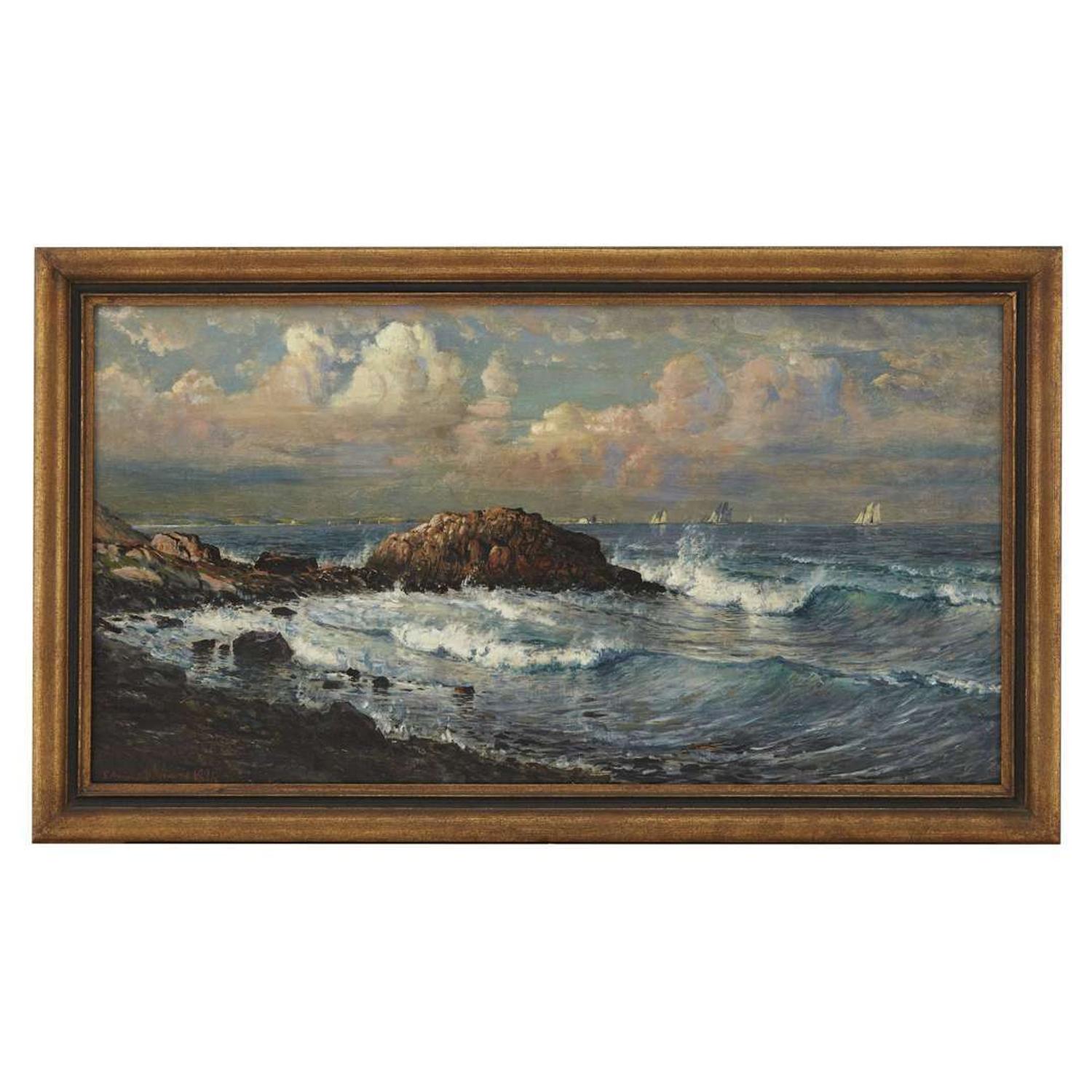 EDMUND DARCH LEWIS (AMERICAN 1835–1910) "WAVES OFF A ROCKY COAST"