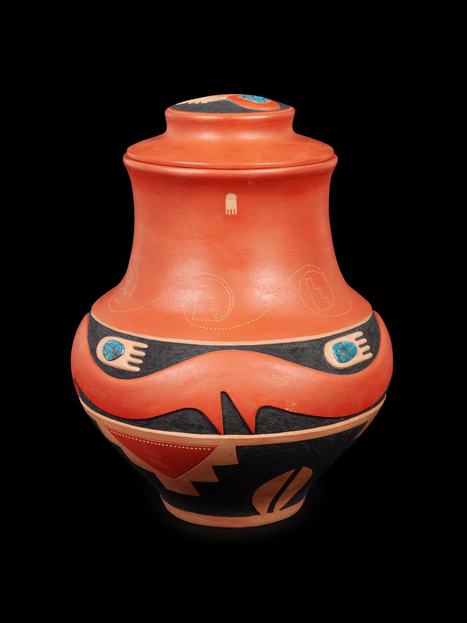 Redware Lidded Jar, with Turquoise Cabochons