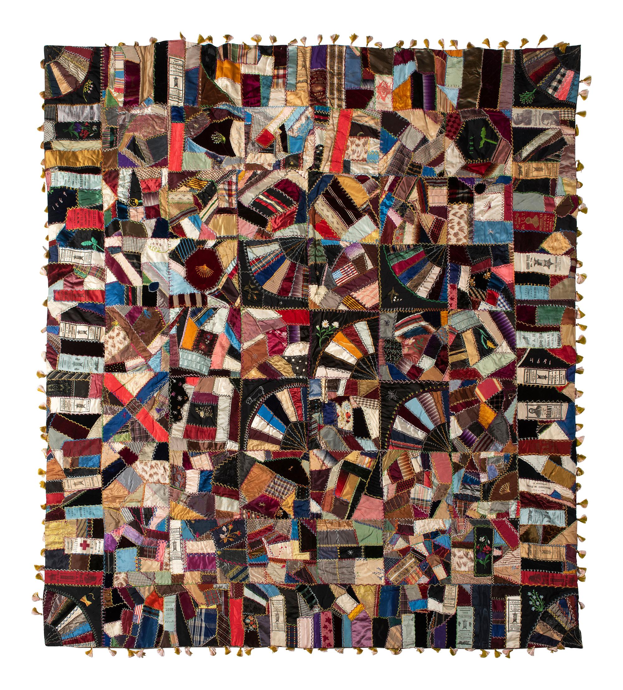 [CIVIL WAR]. Commemorative crazy quilt featuring political campaign and Civil War reunion ribbons.