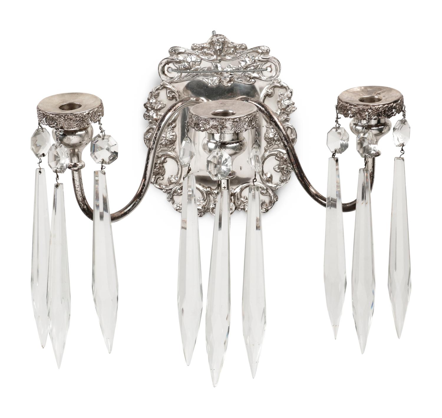 A Pair of Silvered Metal Three-Light Sconces