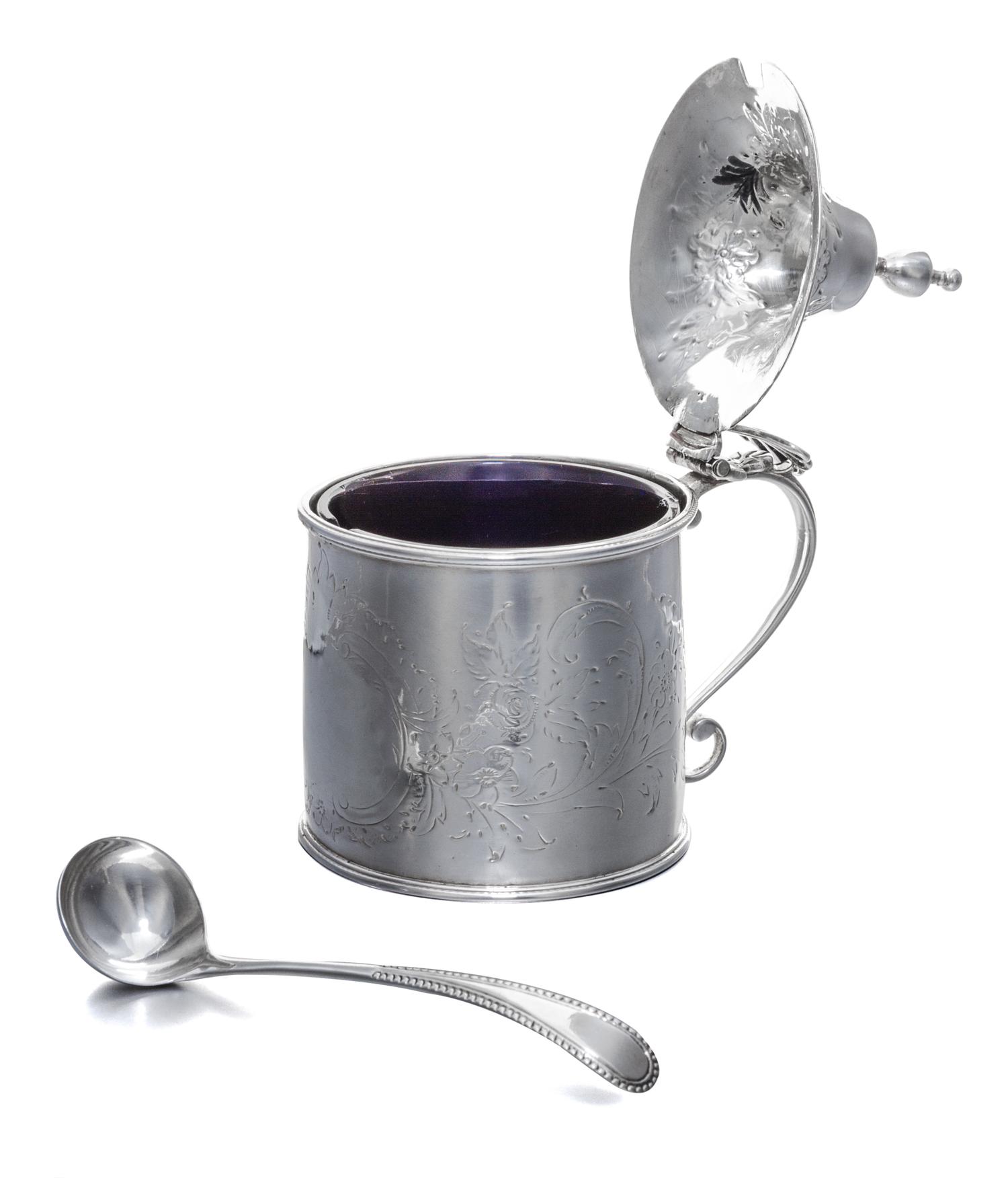 A George III Silver Mustard Pot with Glass Liner, Hester Bateman, London, 1788, of cylindrical form with a hinged lid, worked to show f