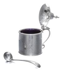 A George III Silver Mustard Pot with Glass Liner, Hester Bateman, London, 1788, of cylindrical form with a hinged lid, worked to show f